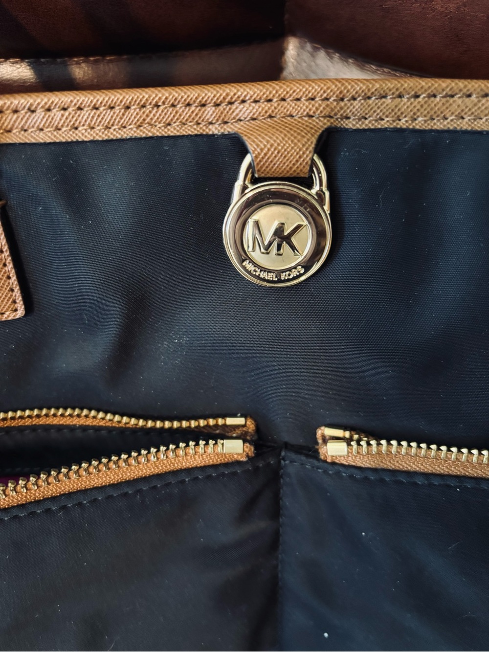 Michael Kors Black Nylon Tote with Tan Trim and Gold Hardware - Picture 3 of 7